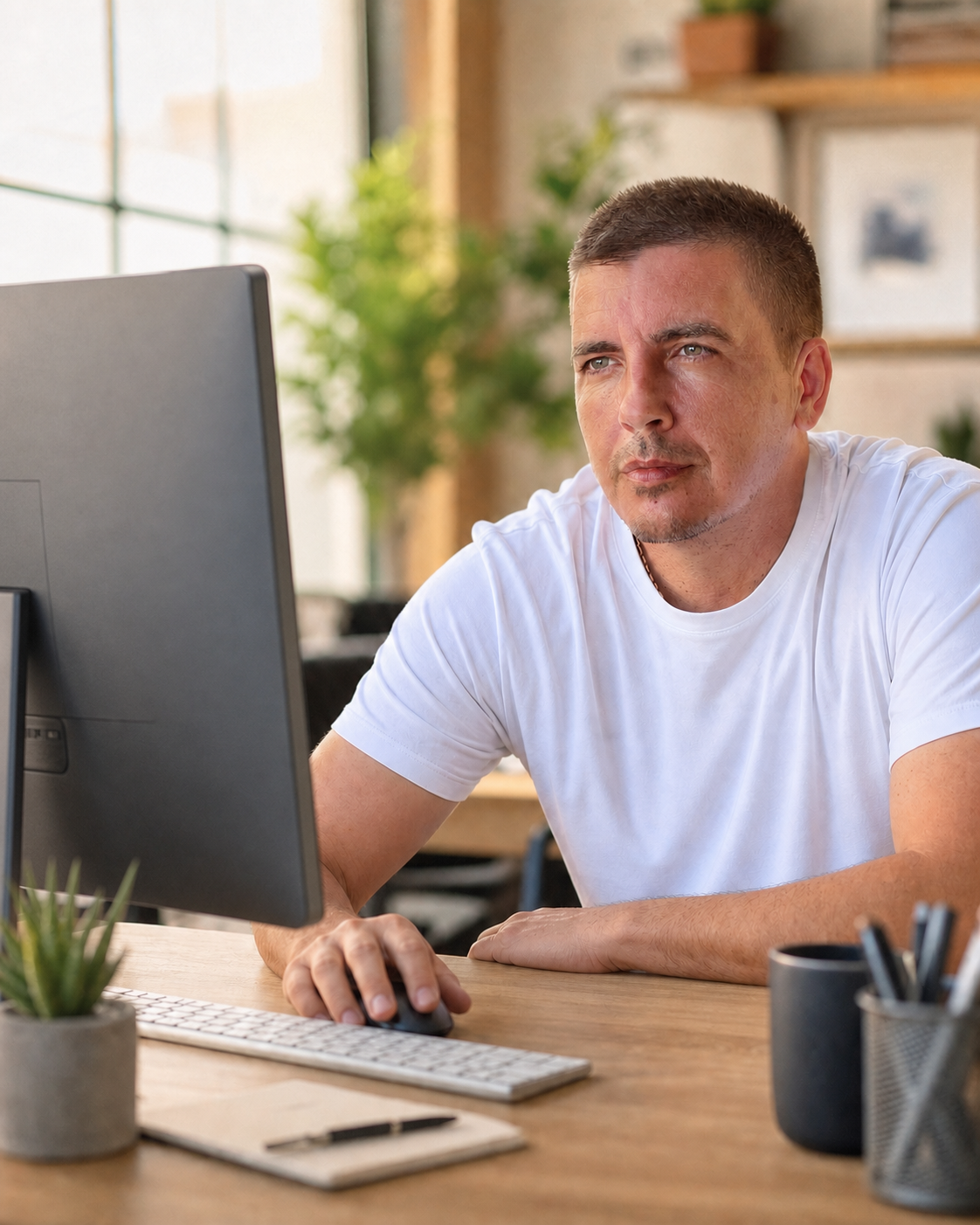 Алекс Пашев работи на компютър по WordPress сайт